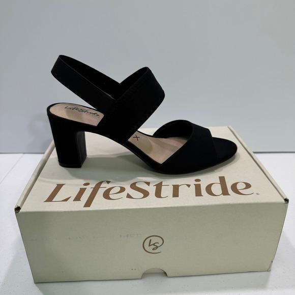 LifeStride Fiona Black Fabric Block Heel Slingback Comfort Sandals Women's 7.5 - Picture 1 of 9